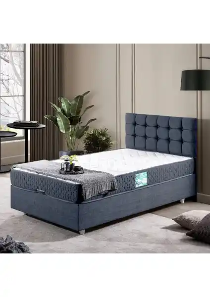 Setay Venedik İkili Set Tek Kişilik Baza Başlık Lacivert Keten Kumaşlı Modern Tasarım