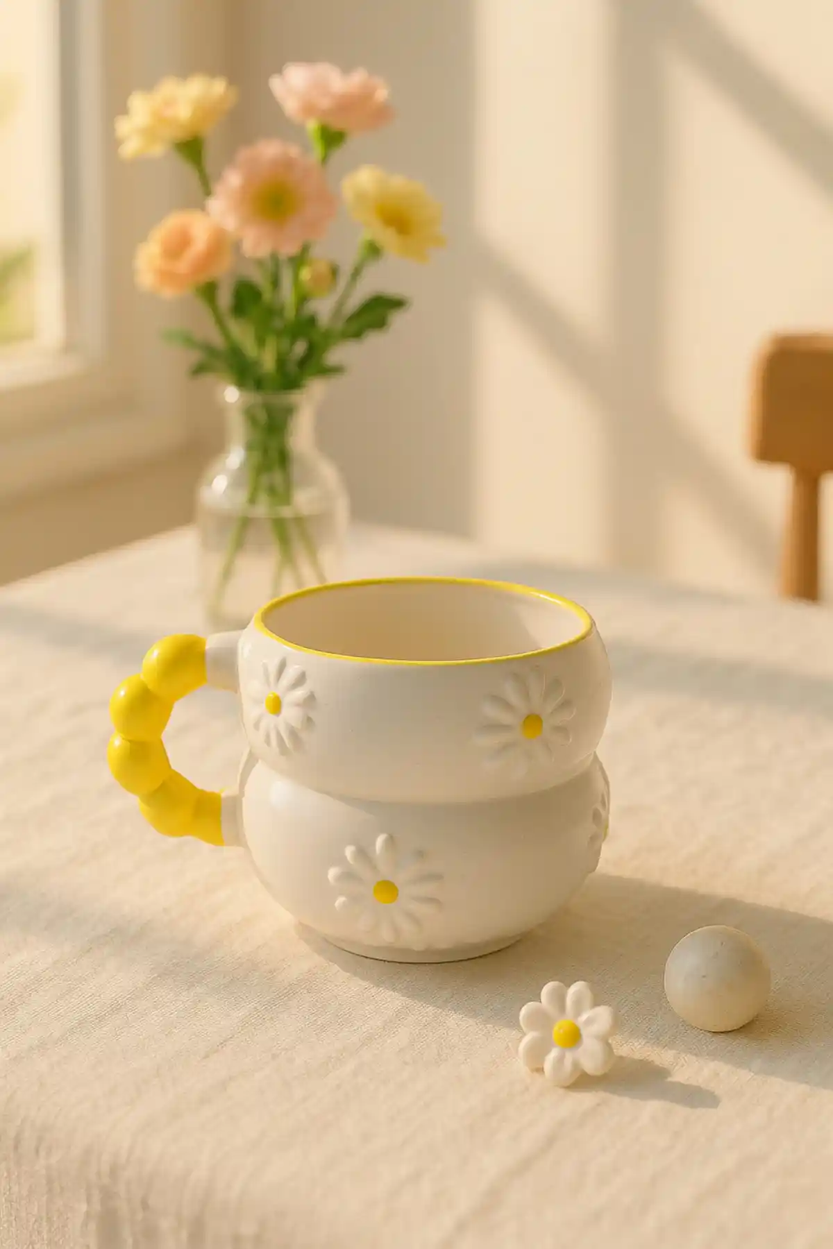 SırART El İşlemeli Sarı Papatya Desenli Kabartmalı Seramik Kupa 250 ml