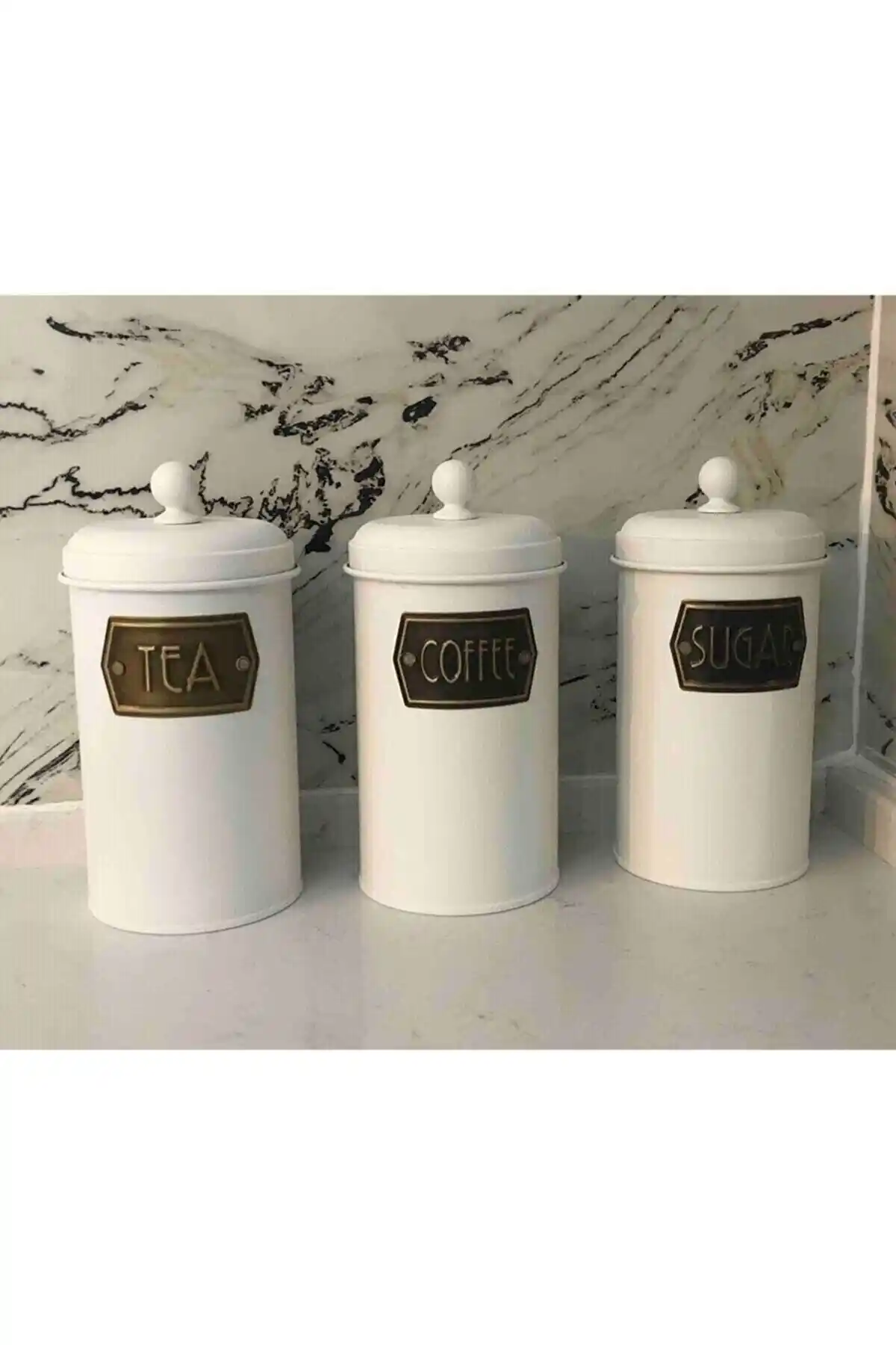 The Mia Galvaniz 3'lü Çay Şeker Kahve Kavanozu Beyaz 22x11 cm Dayanıklı Set