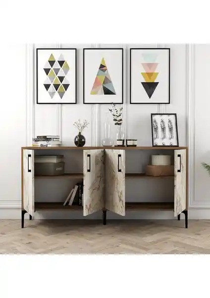 Variant Mobilya Variant Kiev 160CM Konsol – Ceviz ve Beyaz Mermer Detaylı Modern Tasarım