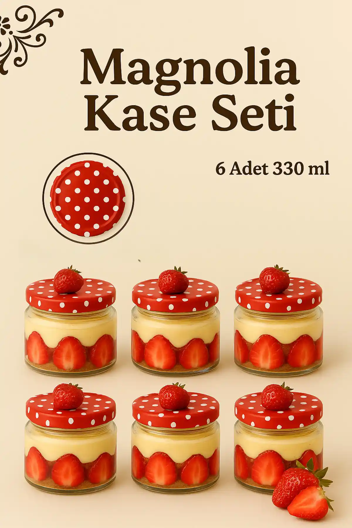 ZenGlow 6'lı Magnolya Cam Bardağı 330 ml Kapaklı Tatlı Sunum Seti