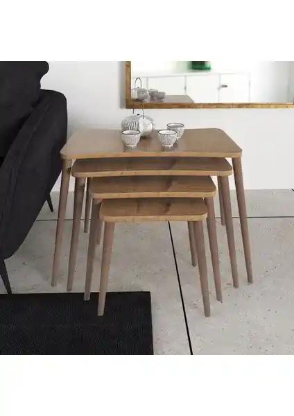 Zuesse Dizayn Selena 4'lü Ceviz Renkli Ahşap Ayaklı Zigon Sehpa Seti