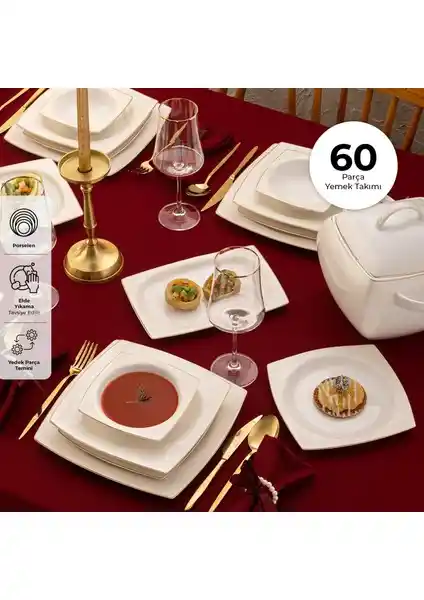 Emsan Fine Bone Sedef 60 Parça 12 Kişilik Modern ve Şık Yemek Takımı