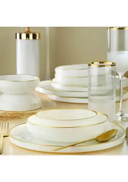Fecra Circle Beyaz Gold Fileli 18 Parça Yemek Takımı Modern Şıklık ve İşlevsellik Sunar
