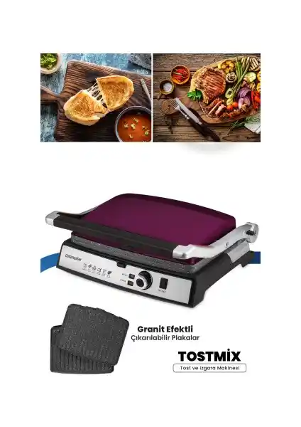 Goldmaster Tostmix Mor Paslanmaz Çelik 2000W Granit Plakalı Tost ve Izgara Makinesi