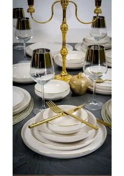 Heda Porselen Rüya Altın Yalızlı Kırık Beyaz 24 Parça 6 Kişilik Şık Yemek Takımı