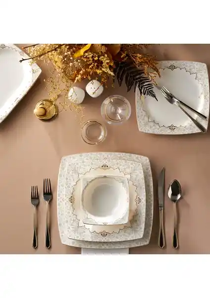 Karaca Mühür Fine Cream 60 Parça 12 Kişilik Porselen Yemek Takımı Gold Kare