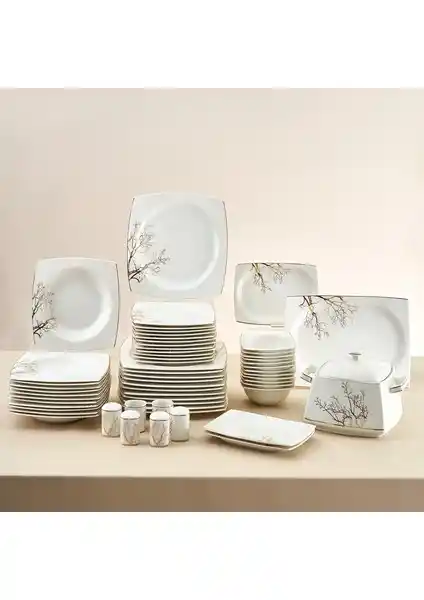 Karaca Square Bone Autumn 60 Parça 12 Kişilik Modern Porselen Yemek Takımı