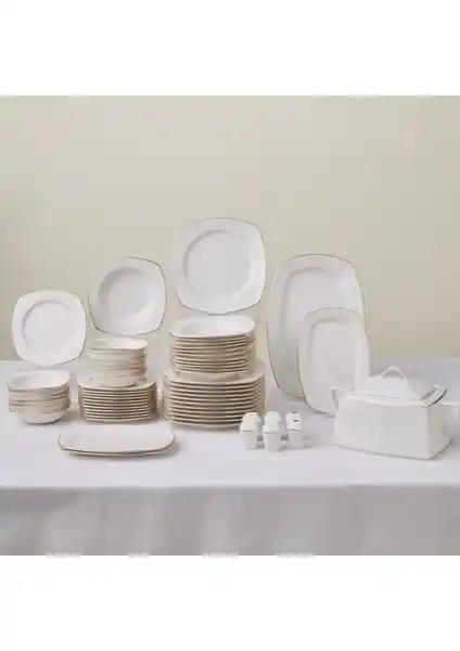 Karaca Square Bone Chiara 60 Parça 12 Kişilik Gold Detaylı Modern Porselen Yemek Takımı