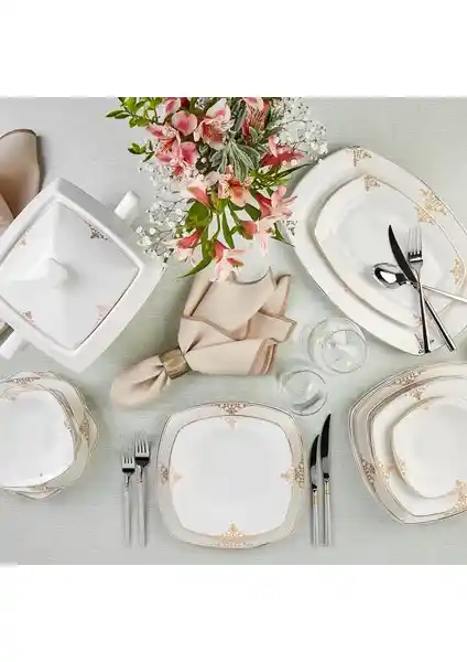 Karaca Square Bone Milania 60 Parça 12 Kişilik Modern ve Şık Porselen Yemek Takımı