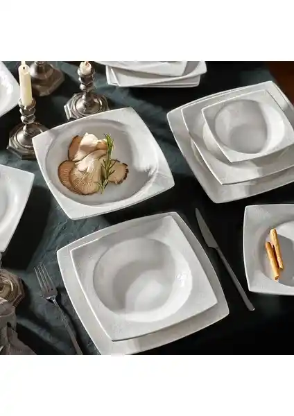 Karaca Way 57 Parça Porselen Kare Yemek Takımı 12 Kişilik Modern ve Şık Tasarım