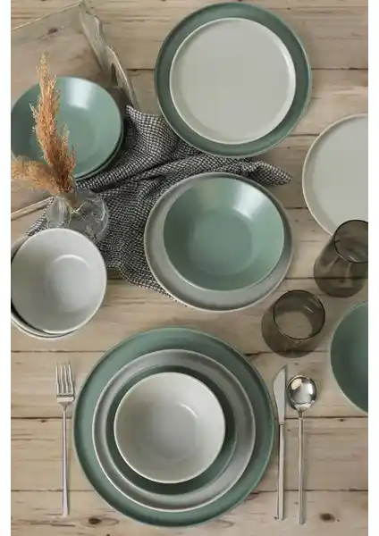 Keramika Mat Gri - Mat Yeşil Norðic Yemek Takımı 24 Parça Şık ve Dayanıklı Tasarım
