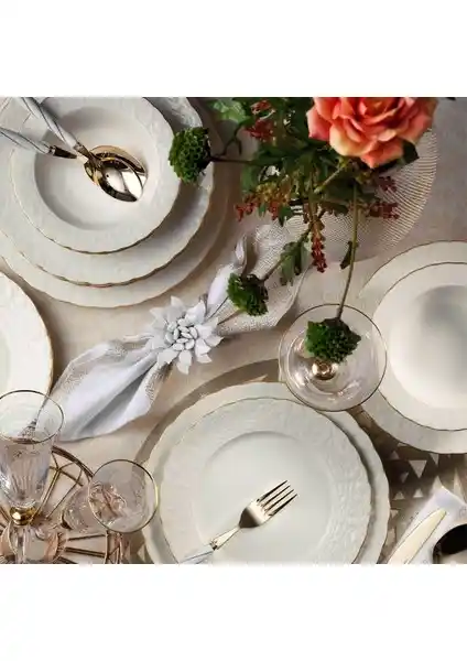 Kütahya Porselen Bone Başak Altın Fileli 24 Parça Yemek Takımı Şıklık ve Dayanıklılık