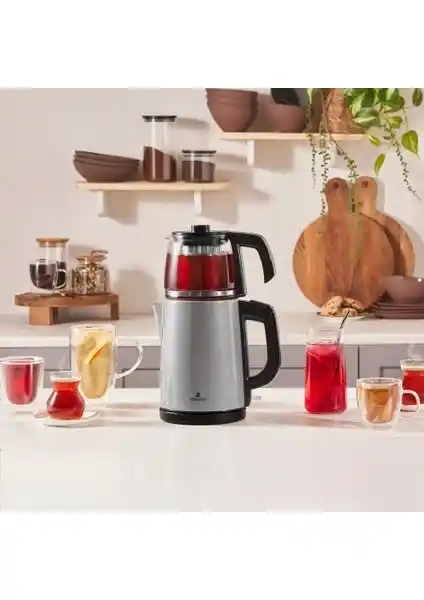Karaca Tea Glass 2 in 1 Çay Makinesi ve Kettle Antrasit Inox Modern ve Fonksiyonel Tasarım