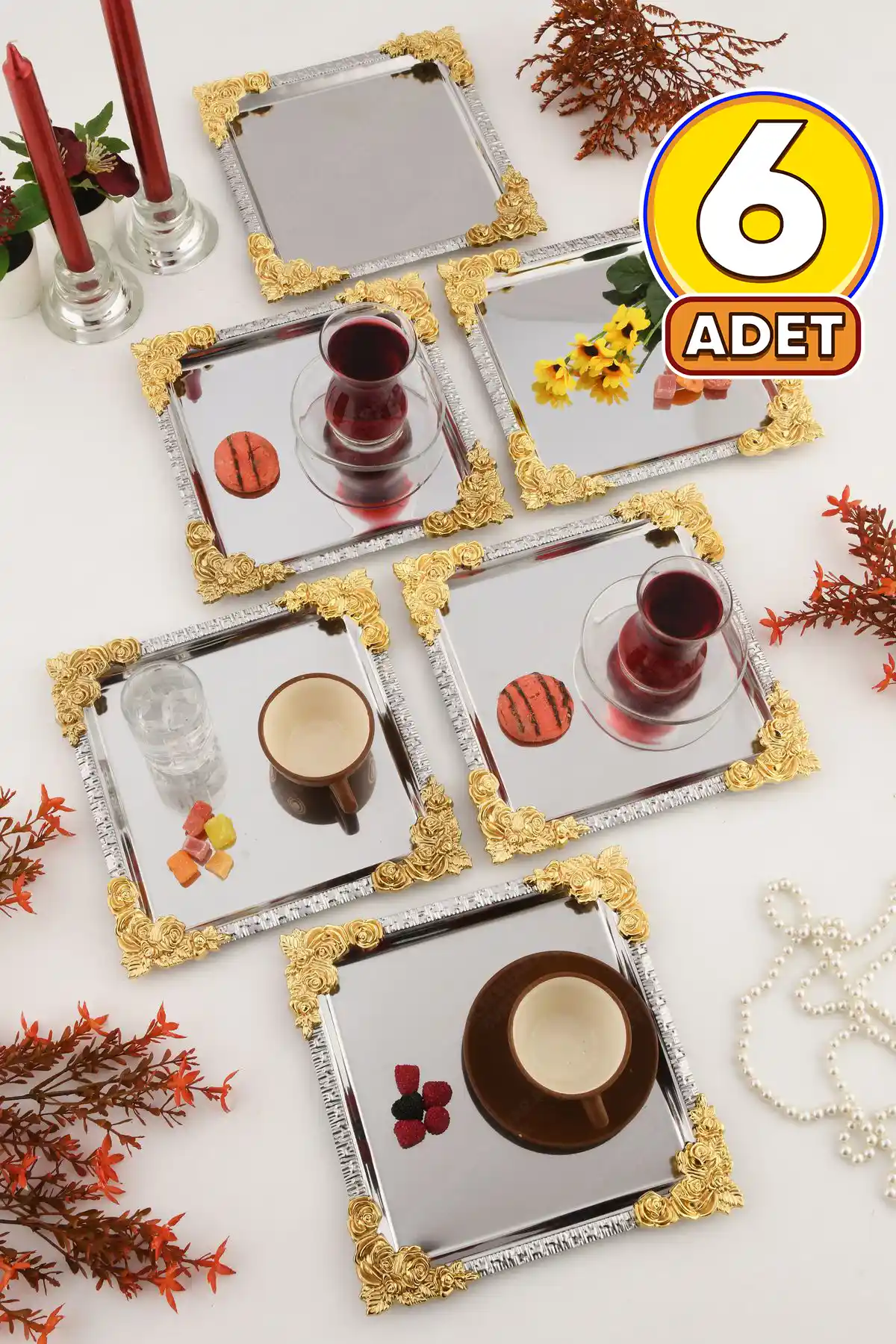 AKSESUAR EVRENİ ALVE Gümüş Gold Çerçeveli Çiçek Desenli Paslanmaz Tepsi 22x22 cm