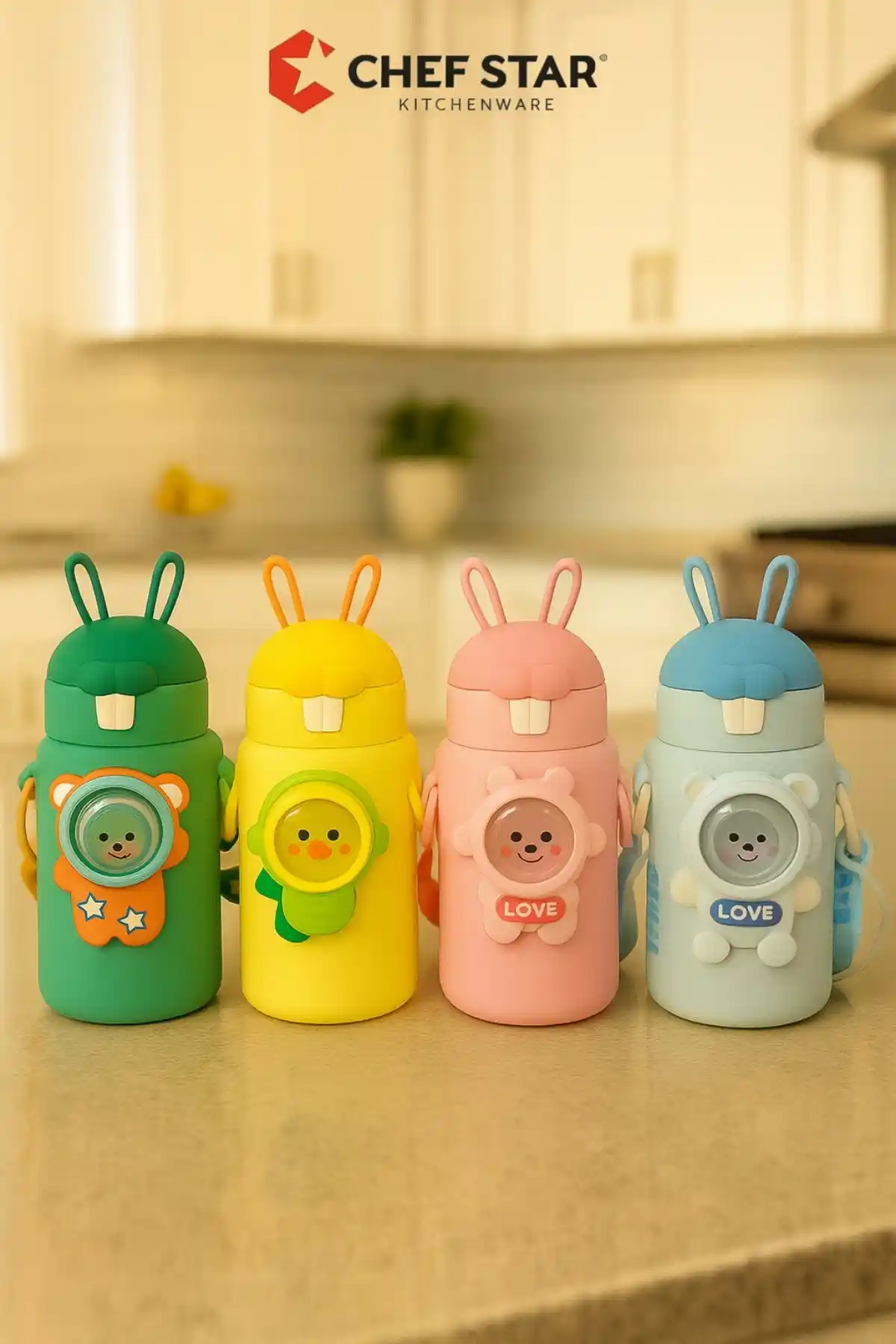 Chefstar Sevimli Tavşan Pipetli Paslanmaz Çelik Çocuk Termos Suluk 500 ml Güvenli ve Renkli Tasarım