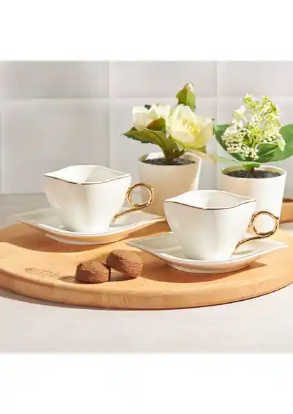 Emsan Sonsuz Aşk 2 Kişilik Kahve Fincan Takımı Beyaz Gold Şık ve Dayanıklı Tasarım