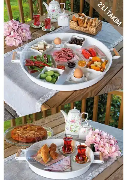 Kitchen Trend 2'li Ahşap Kulplu Metal ve Beyaz Sunum Tepsisi Seti Günlük Kullanım İçin Uygun