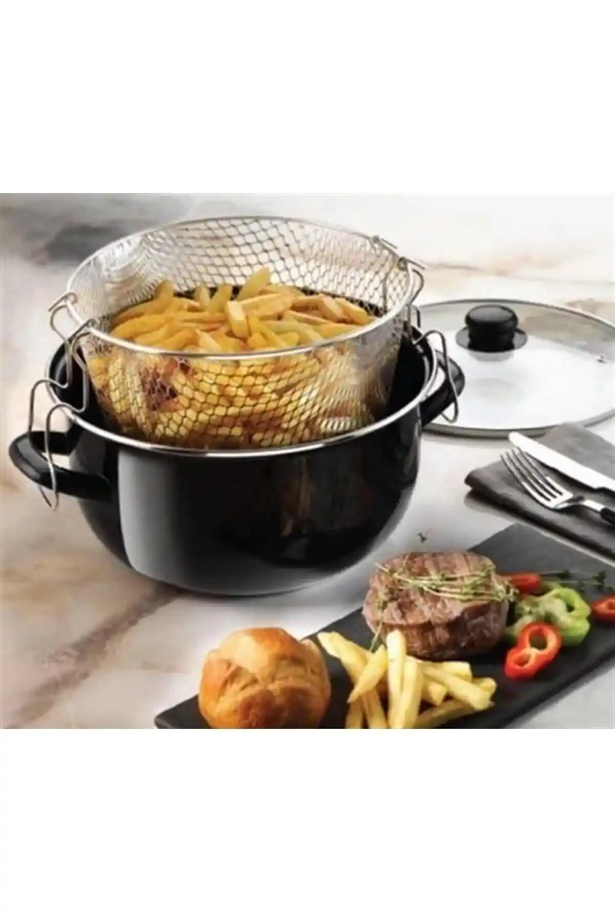 Mabeyn Emaye Cam Kapaklı Patates ve Sebze Kızartma Tenceresi 24 cm genişlik ve dayanıklılık özellikleriyle