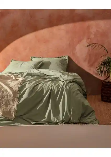 Madame Coco Sona Tek Kişilik Püsküllü Nevresim Takımı Haki Renkli ve Yüksek Kalite