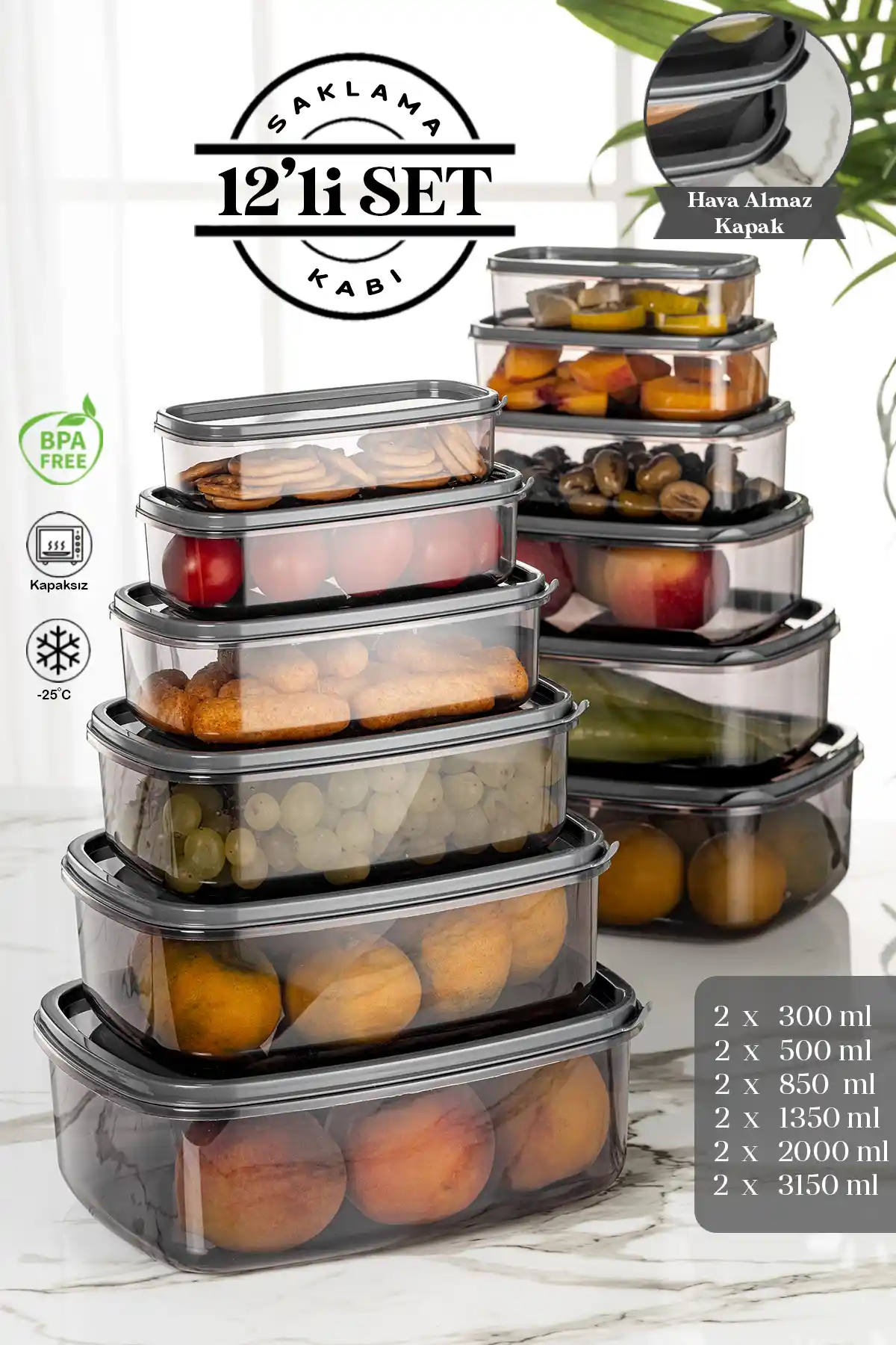 Meleni Home 12'li Dikdörtgen Saklama Kabı Seti Platin Serisi Mutfağınız İçin Pratik ve Dayanıklı