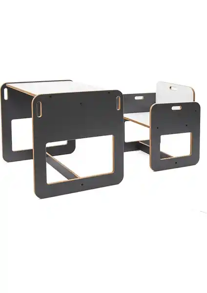 Minera 2-4 Yaş Montessori Çocuk Masası ve Sandalyesi Antrasit Renkli Güvenli Tasarım