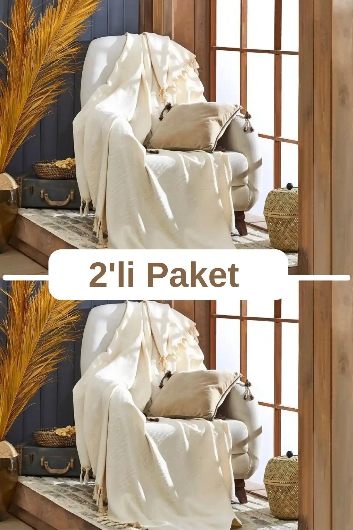 Miracolo Home 2'li Ekru Pamuklu Tekli Koltuk ve Berjer Örtüsü Modern Dekorasyon İçin Uygun