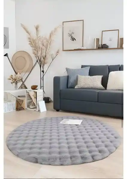 My Evilla Bubble Yuvarlak Gri Peluş Halı: Estetik ve Güvenliğin Modern Tasarımı