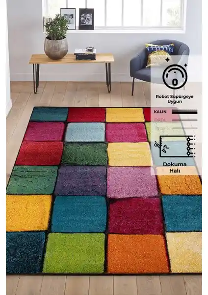 Odeon Renkli Kare Duvar Taşı Modern Dokuma Halı: Estetik ve Dayanıklılık Bir Arada