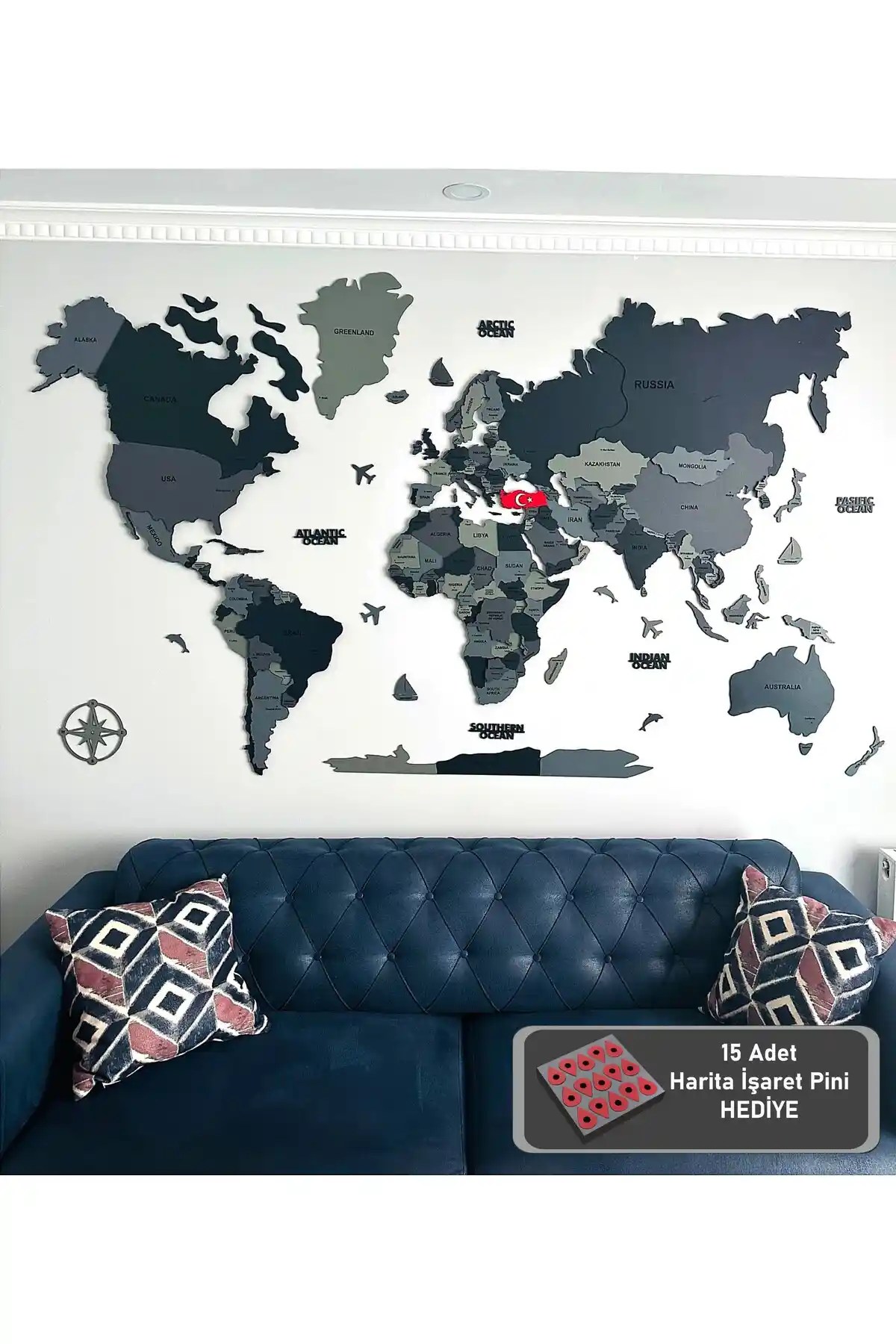 Orendart Antrasit Ahşap Katmanlı 3D Dünya Haritası Dekoratif ve Eğitici Ürün Özellikleri