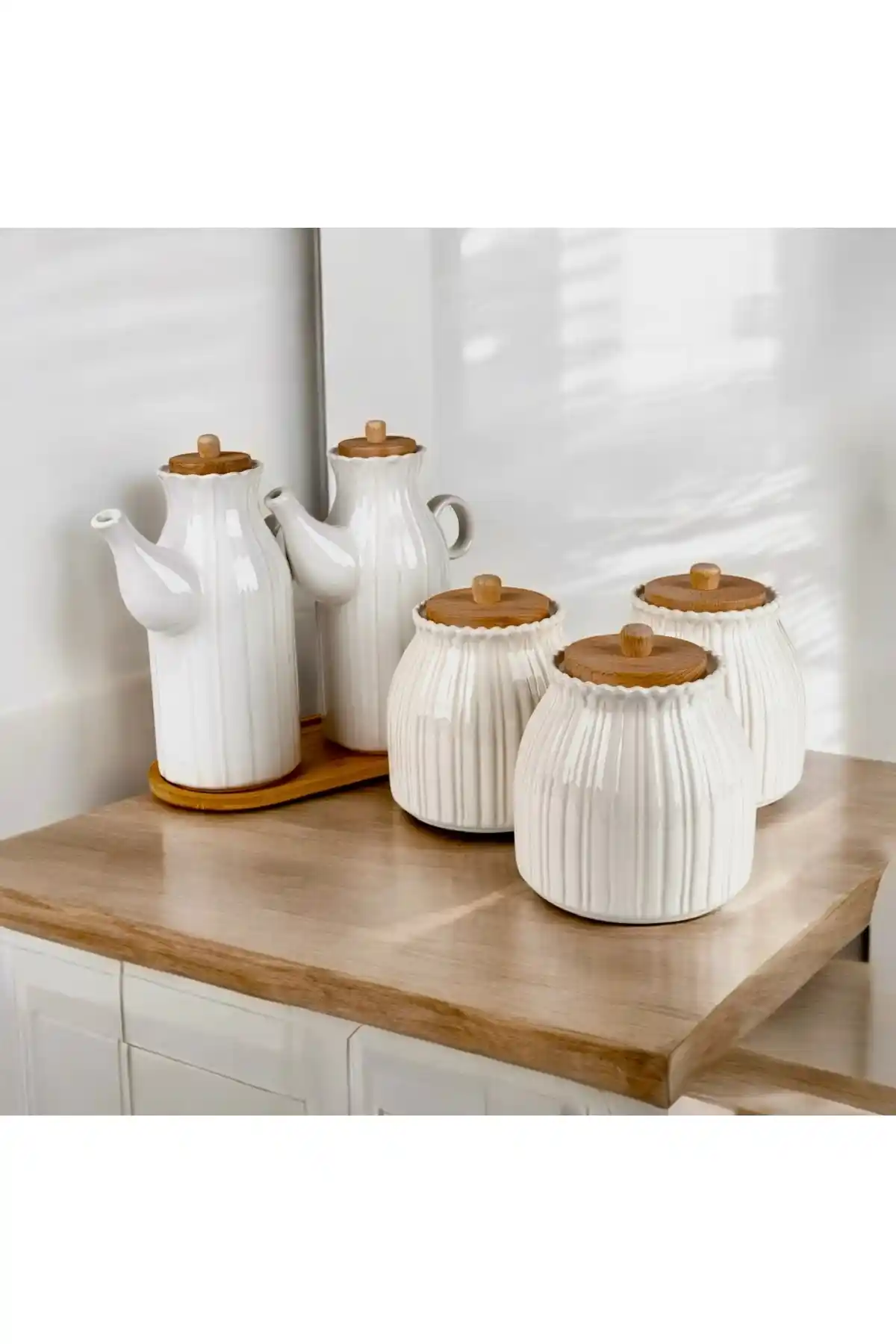 Pembelia Life 6 Parça Bambu Standlı Papatya Porselen Seti Mutfak ve Sofra Dekorasyonu İçin Uygun