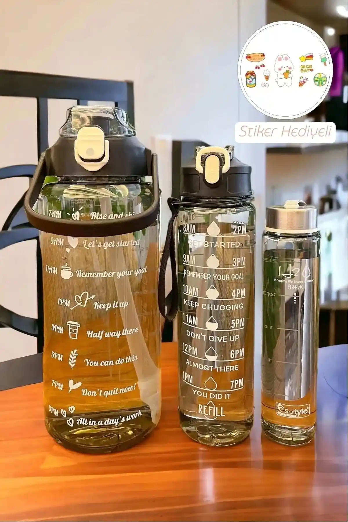 Rosemor 3'lü Şeffaf Motivasyonlu Pipetli Spor Şişeleri ve Taşınabilir Su Matara Seti