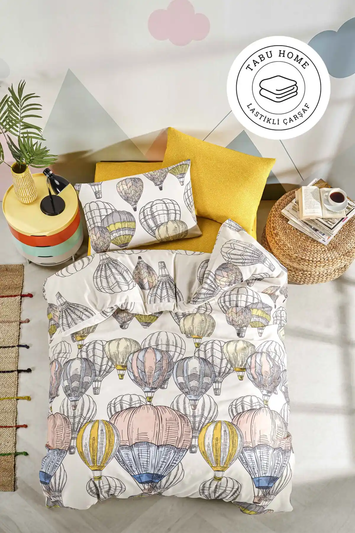 Tabu Home Cappadocia Balon Temalı Lastikli Krem Nevresim Takımı 160x220 cm