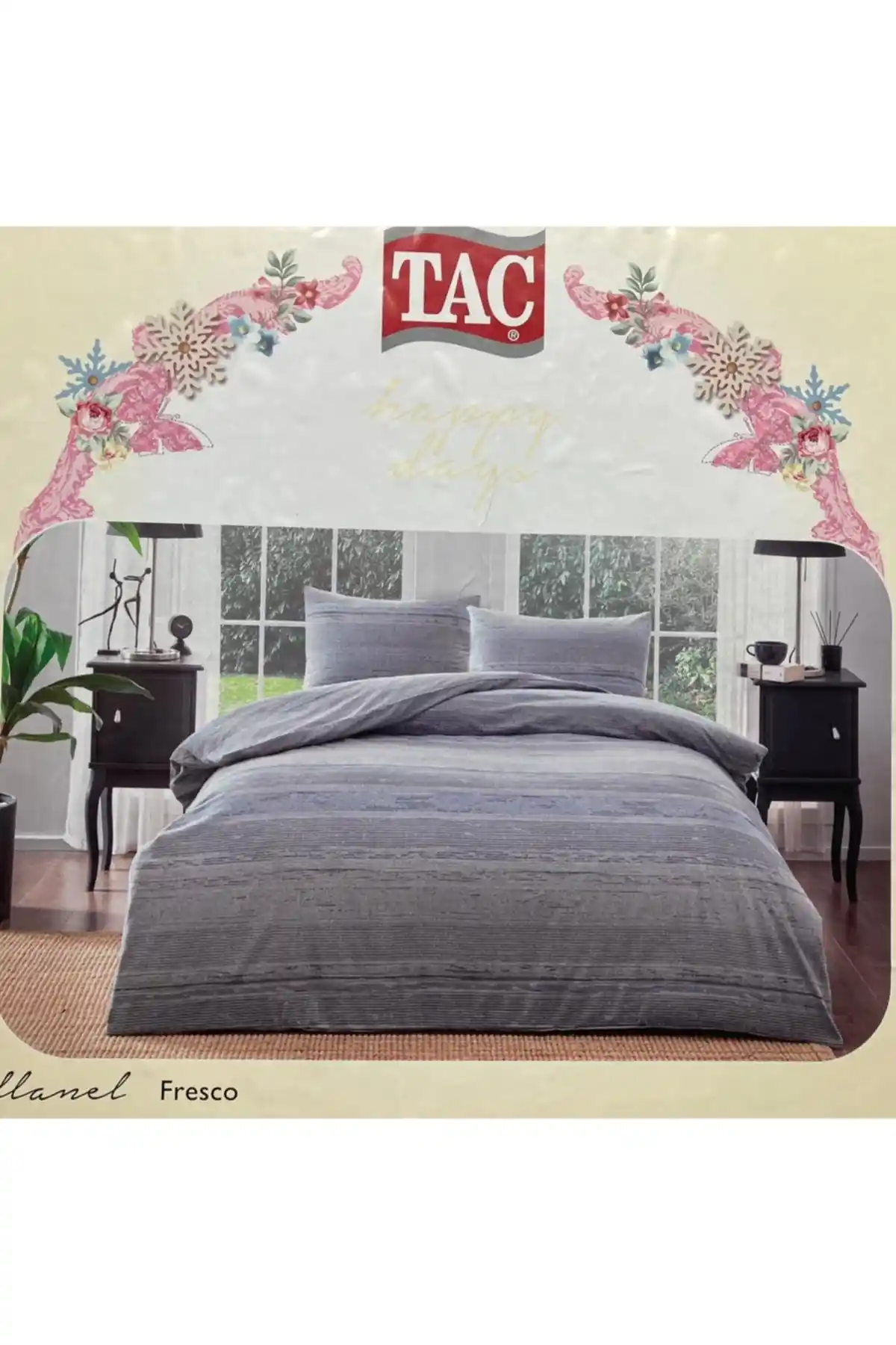 Taç Yeni Flanel %100 Pamuk Gri Çift Kişilik Nevresim Takımı Modern ve Şık Tasarım