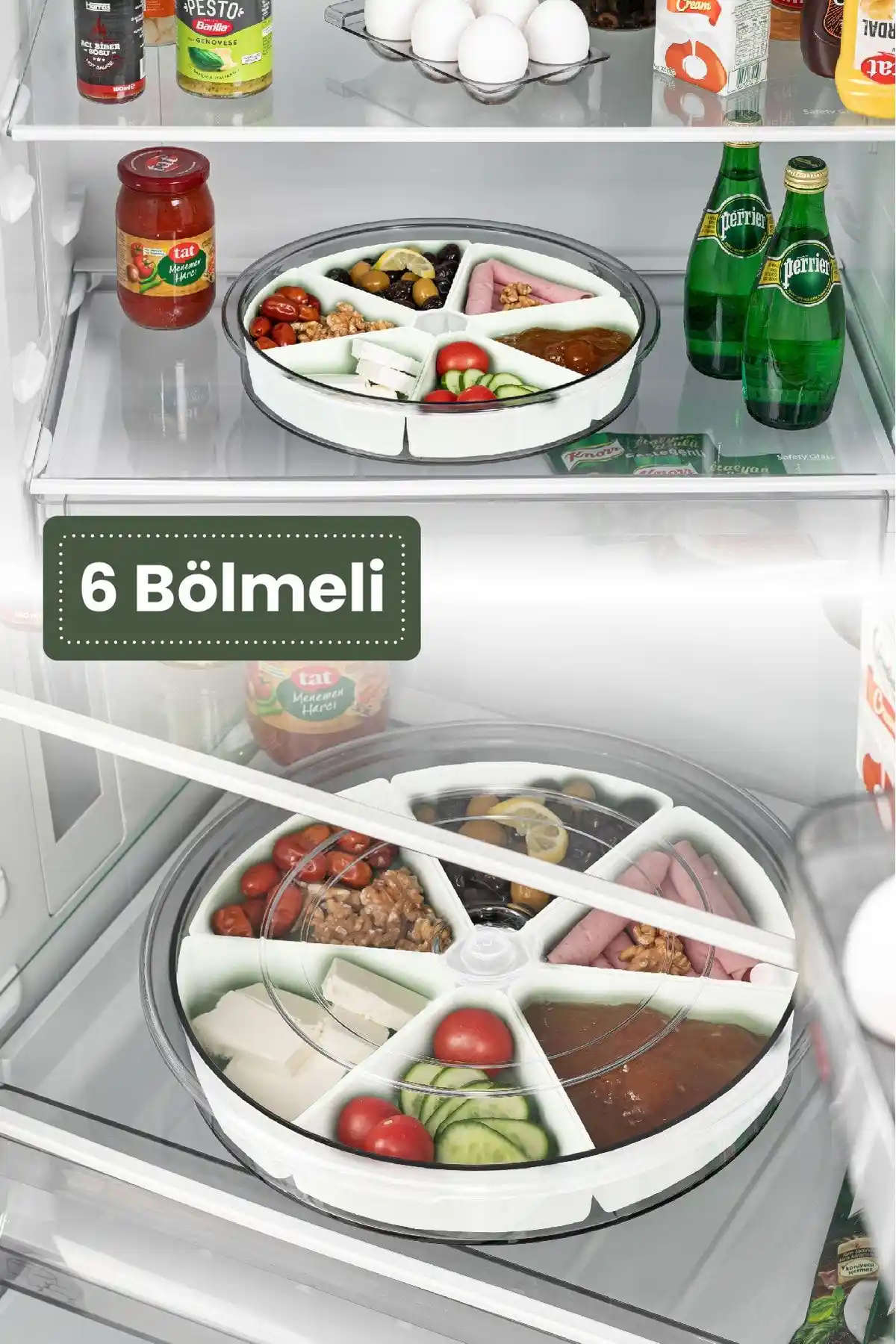 Vienev Üçgen Bölmeli Kapaklı 360 Derece Dönen Kahvaltı Sunum Seti Beyaz