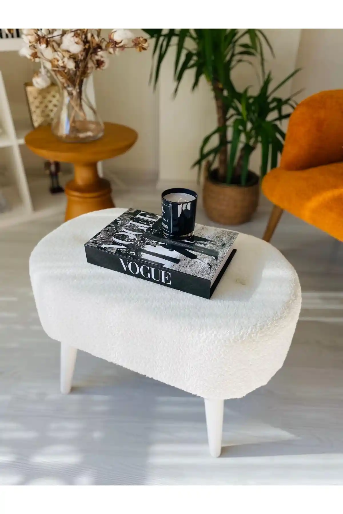 WEBPANYA Gürgen Beyaz Ahşap Ayaklı Oval Puf Modern ve Dayanıklı Tasarım