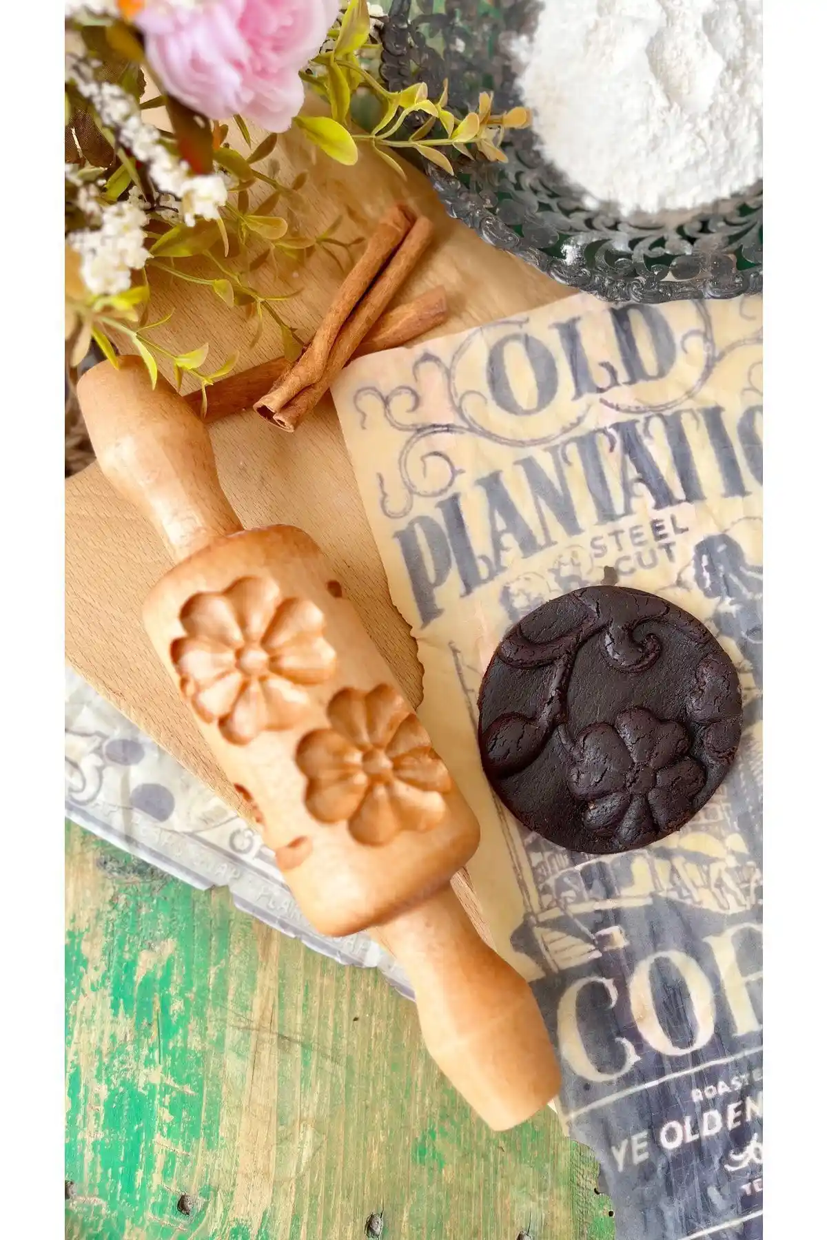 Wood'n Craft Üç Boyutlu Papatya Desenli Ahşap Kurabiye ve Şeker Hamuru Merdanesi