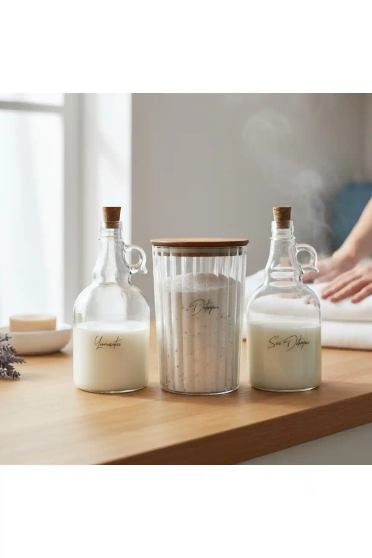 Zezedesing Ahşap Kapaklı Çizgili Deterjan Kavanozu Estetik ve Fonksiyonellik Bir Arada