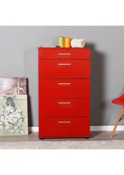 Adore Trendline 5 Çekmeceli Kırmızı Şifonyer Modern ve Dayanıklı Tasarım Özellikleri