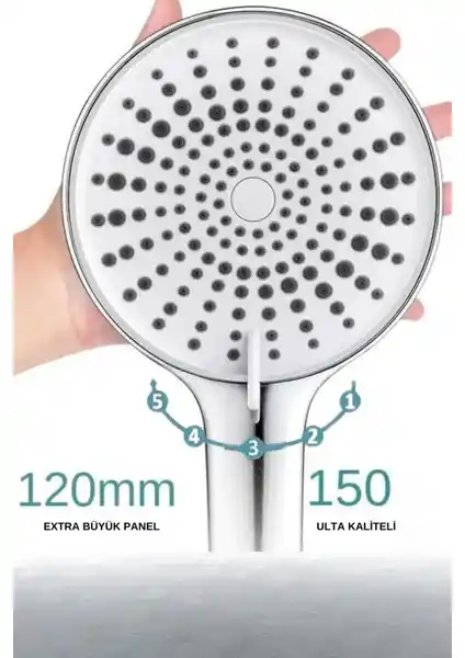 Akdoğan Geniş Kafalı Beş Fonksiyonlu Krom Duş Başlığı Modern Banyo Tasarımı