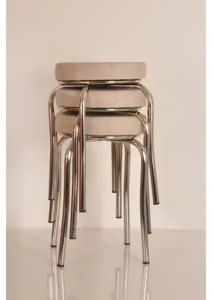 Akk Ticaret 3'lü Krem Renkli Kumaş ve Nikelajlı Demir Tabure Seti