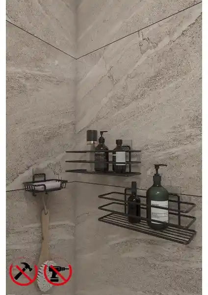 Alper Banyo Yapışkanlı Siyah Raf ve Sabunluk Seti ile Modern Banyo Düzeni Sağlama