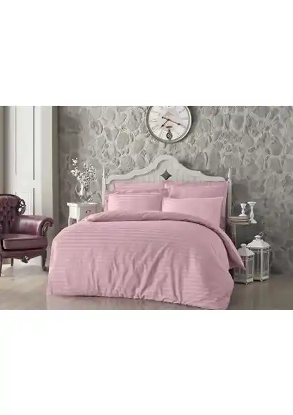 Altınbaşak %100 Pamuk Saten Çizgili Çift Kişilik Nevresim Takımı Pudra Renk