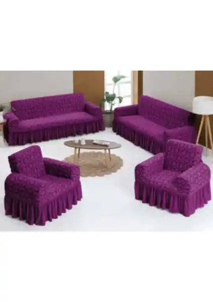 Arlisa 3+3+1+1 Jakarlı Mürdüm Koltuk Örtüsü Takımı Modern ve Dayanıklı Tasarım