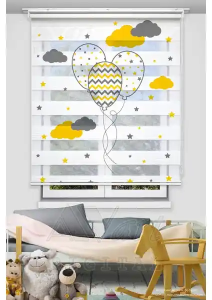 Avart Digital Sarı Gri Balon Baskılı Plise Perde Modern ve Kullanışlı Çocuk Odası Dekorasyonu