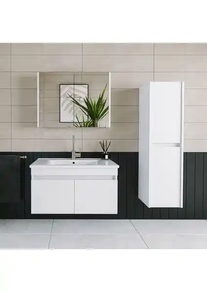 Banos Roomart 2 Kapaklı Beyaz MDF Banyo Dolabı ve Komple Seti 85 cm Uzunlukta