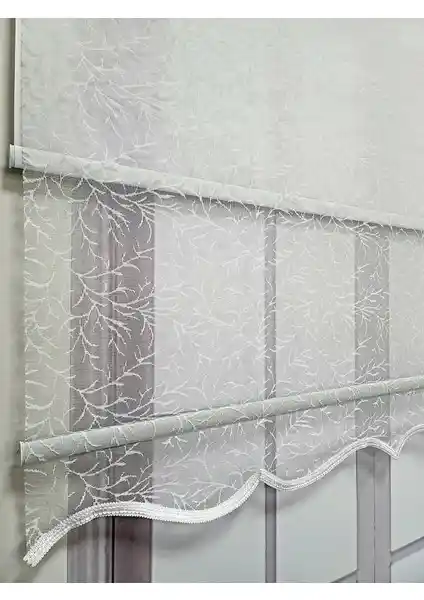 BBB Dal Desenli Çift Mekanizmalı Tül Stor Perde Ekru - Estetik ve Fonksiyonellik Bir Arada