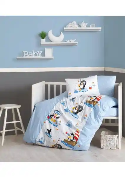 Bebek Nevresim Takımı Penguen Temalı %100 Pamuk Yumuşak ve Hijyenik Uyku Seti