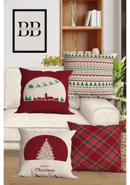 Belle Benoit Çift Taraflı Dijital Baskılı Dekoratif 4'lü Koltuk Yastık Kılıfı Seti