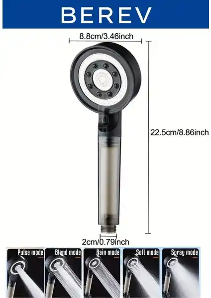 Berev Filtreli 5 Fonksiyonlu Siyah Yüksek Basınçlı Ayarlanabilir Duş Başlığı